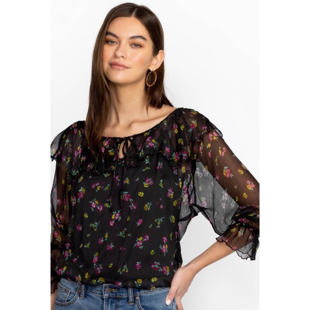 Johnny Was Fernanda Silk Ditsy Floral Peasant Blouse 1X Romantic Sheer Ruffle